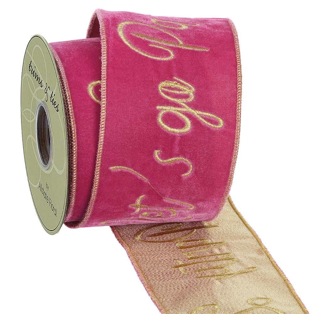 4-inch wide pink velvet ribbon with gold embroidered "Let's Go Party" script and wired edges.
