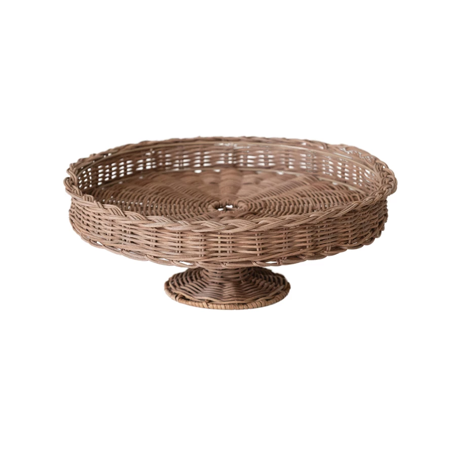 Hand-woven natural rattan pedestal with braided rim detail