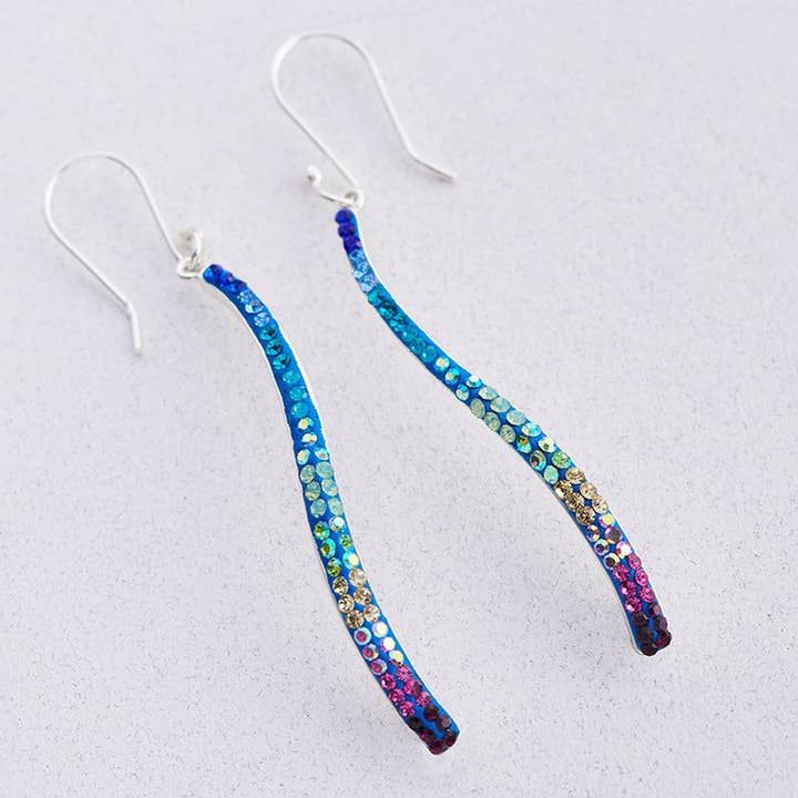 Sterling silver twig earrings with blue and purple Austrian crystals