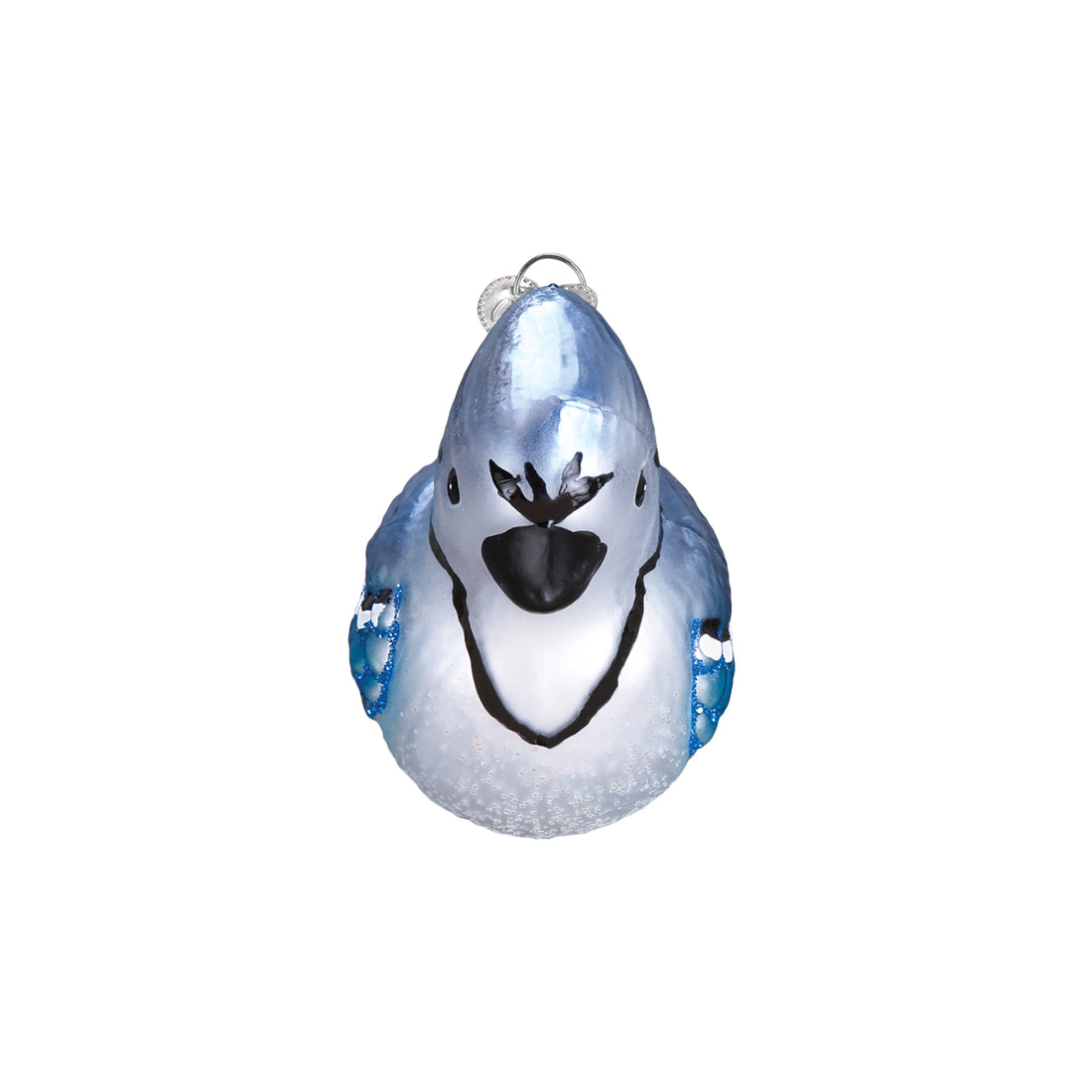 Front view of a glass blue jay ornament with a light blue body, white chest, and black markings.