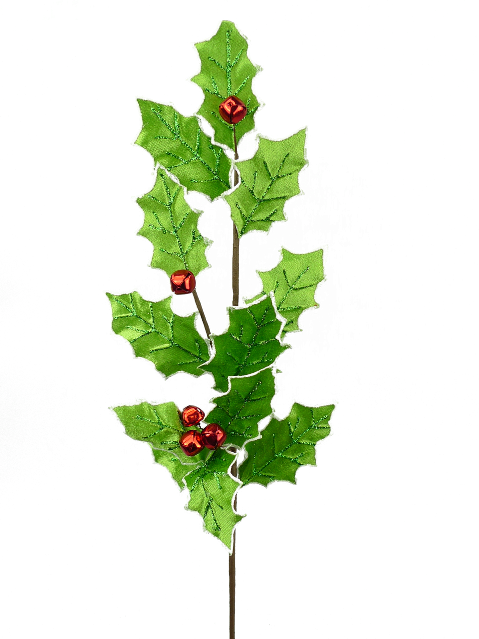 Velvet green holly leaf spray with red jingle bells and white frosted edges on a brown stem.