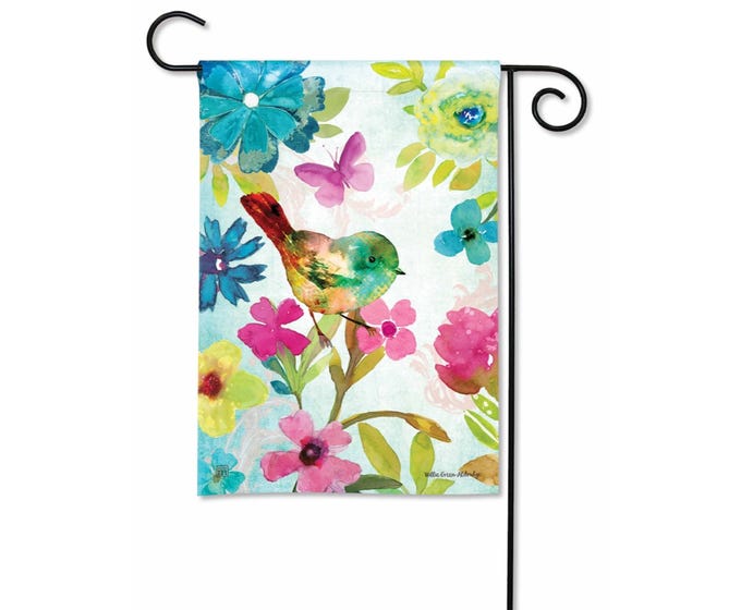 Garden flag featuring a colorful floral pattern on a white background with standard rectangular silhouette.
