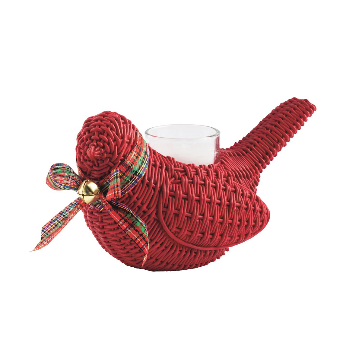 Red resin wicker-style cardinal votive holder with a plaid bow and glass candle insert.