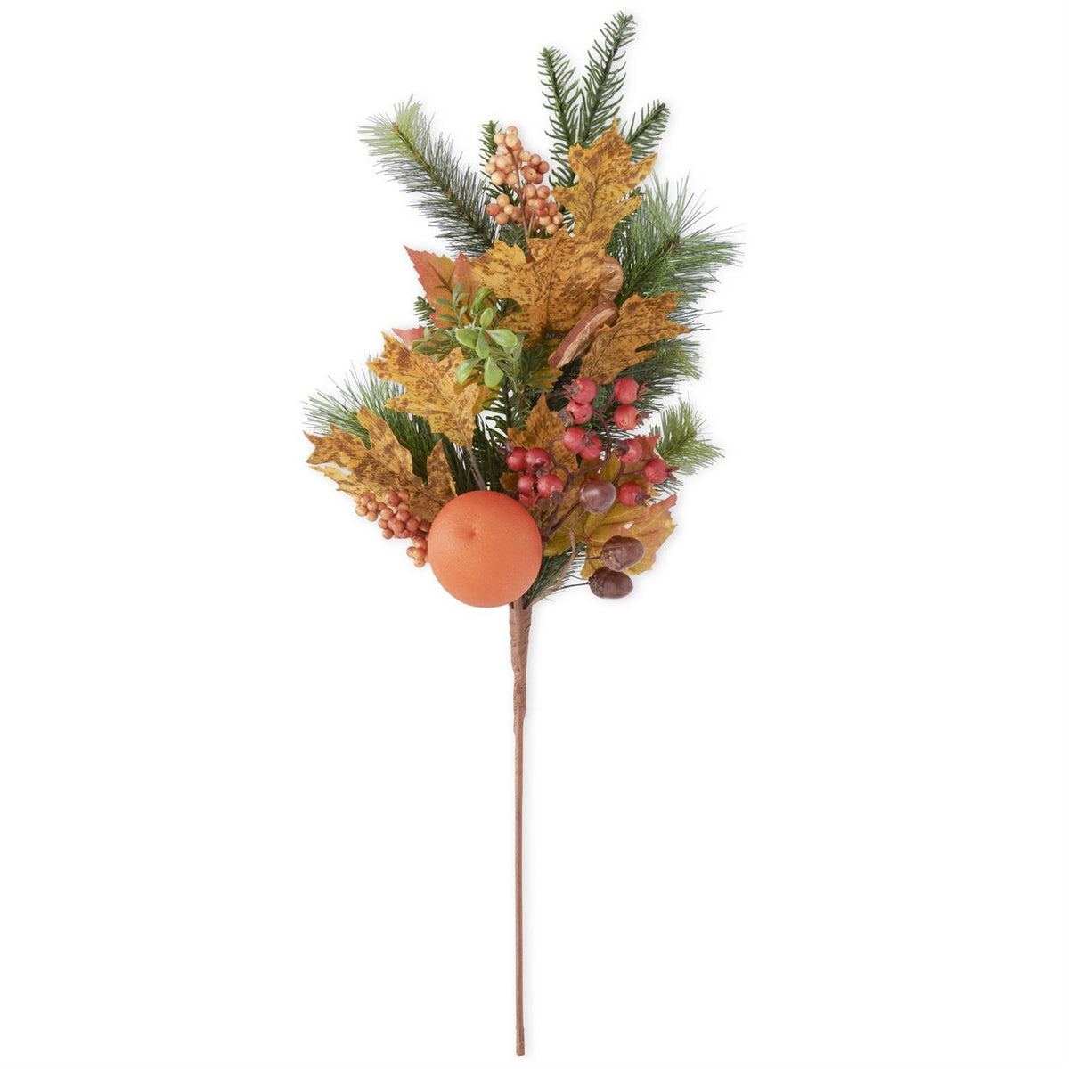 28-inch autumn spray with pine, oak, and maple leaves, orange acorns, and red rosehips.
