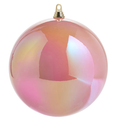 10-inch iridescent pink plastic ball ornament with a gold hanging cap.