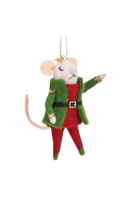 Handcrafted wool mouse nutcracker ornament wearing a green jacket, red pants, and a gold crown.