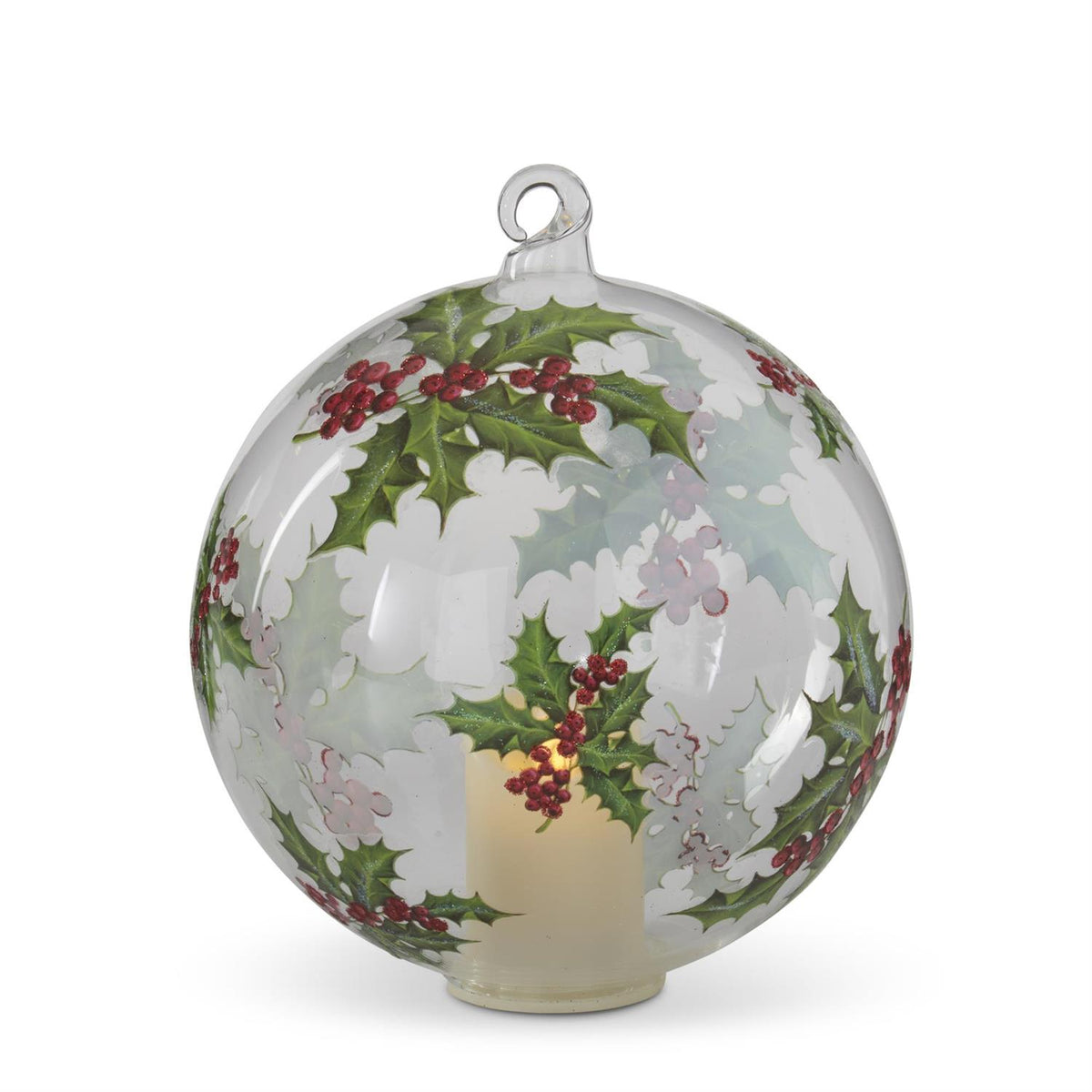 Six-inch clear glass holly ornament with LED lights inside