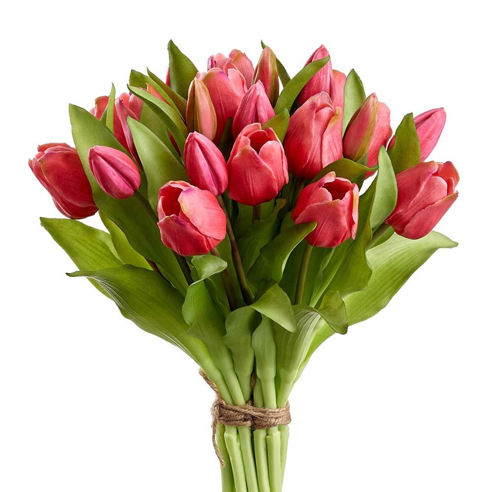 Eleven-point-seven-five-inch artificial tulip bouquet in soft pink with green stems and leaves.