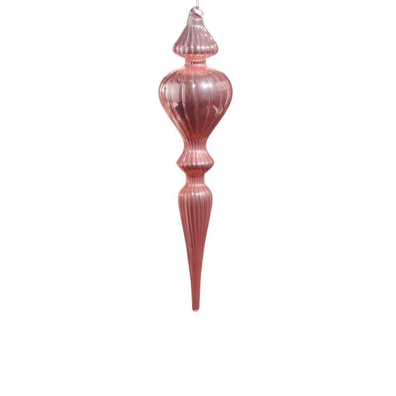 11.75-inch pink glass finial Christmas ornament with a ribbed texture and glossy finish.