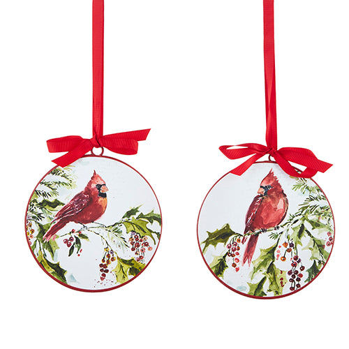 6-inch cardinal disc ornament made of iron with a red bird silhouette.