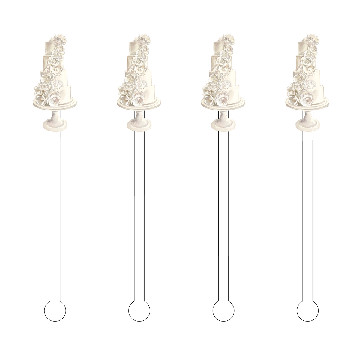 Set of four acrylic stir sticks featuring a white floral cascade wedding cake on a stand.