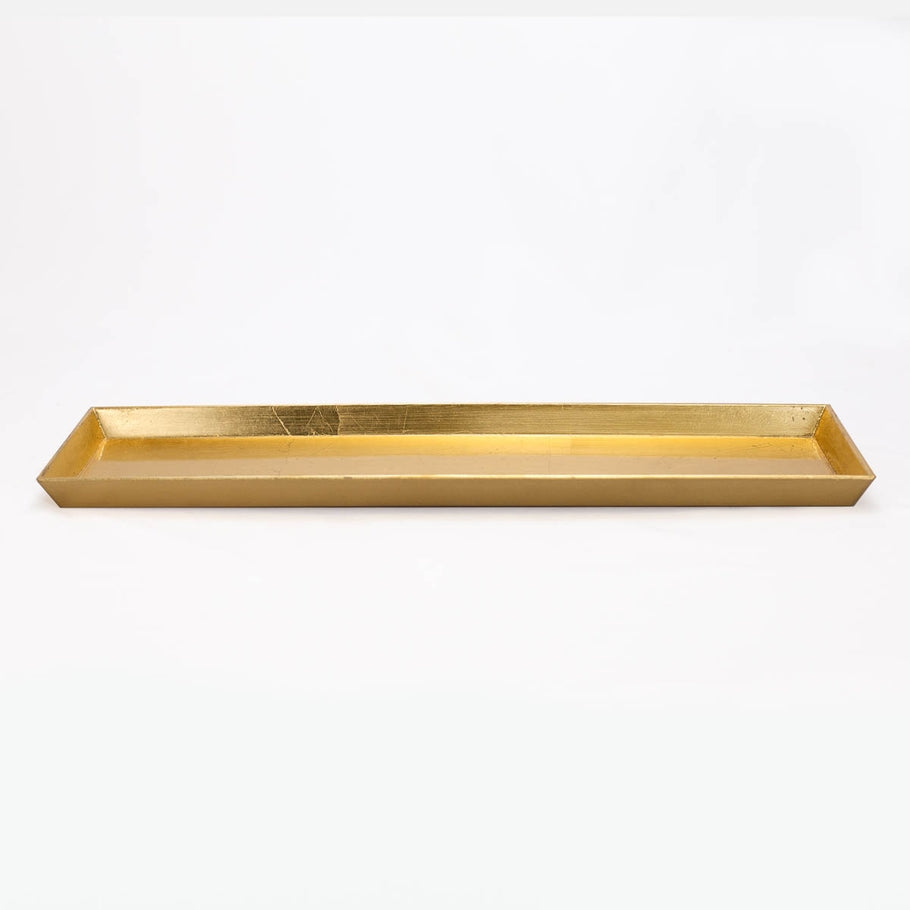 Long rectangular Rhodes Tray in a metallic gold finish with a shallow rim.
