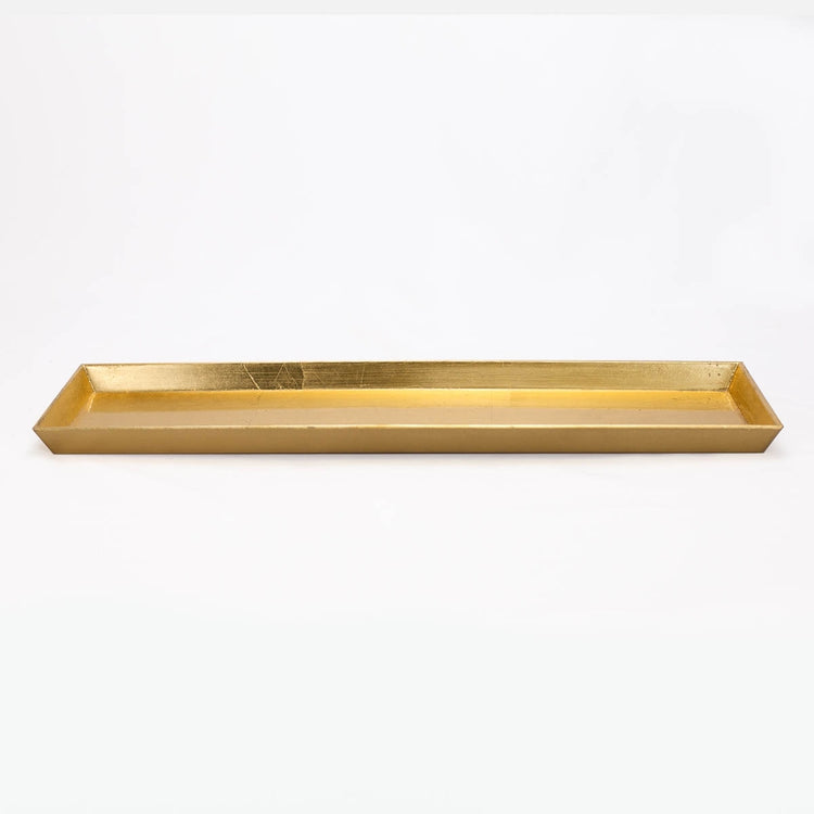 Long rectangular Rhodes Tray in a metallic gold finish with a shallow rim.