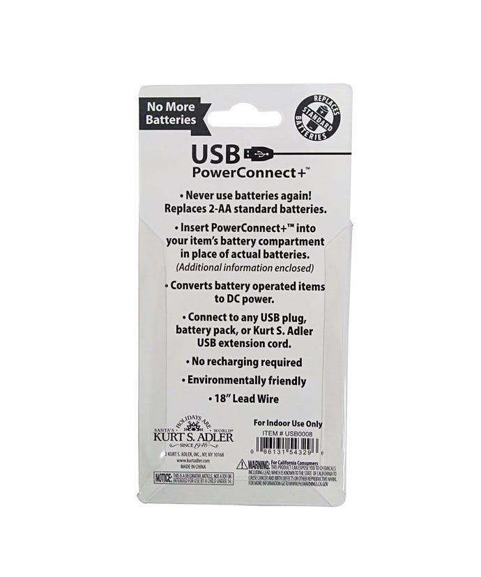 Packaging for a 2-AA USB PowerConnect+ converter that replaces standard batteries with DC power.