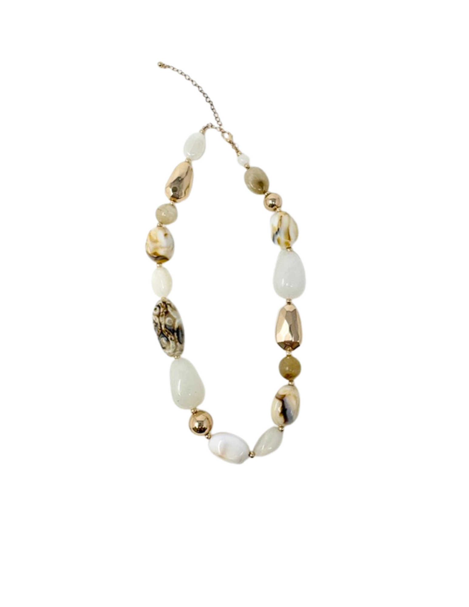 Multi pebble necklace with assorted gold, marbled, and white organic-shaped beads on a gold chain.