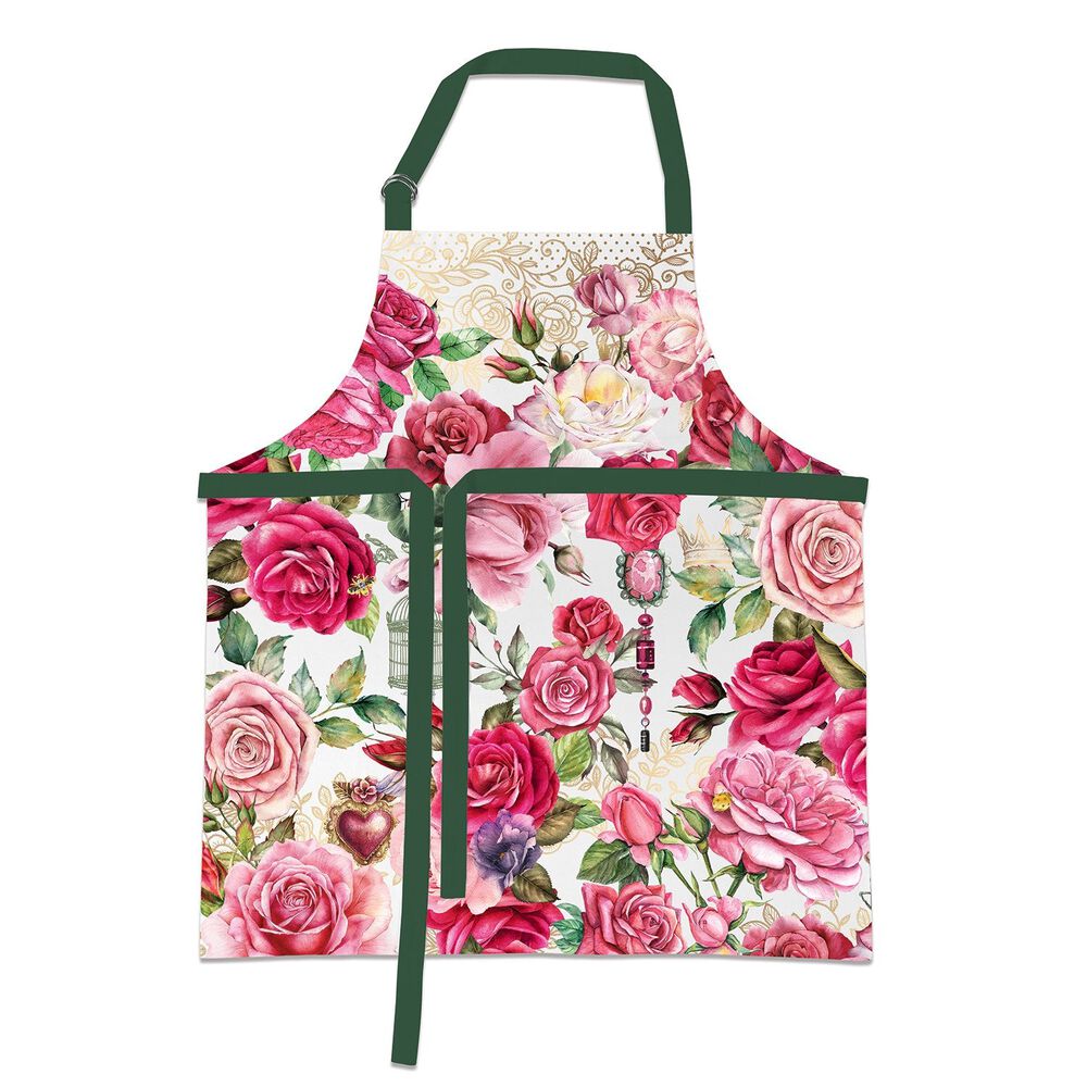 Black cotton chef apron with adjustable neck strap featuring metal double D-rings.