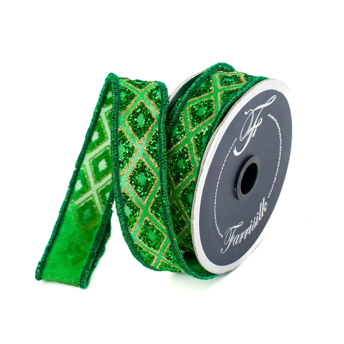 Emerald green marquise diamond trim ribbon with a scalloped edge pattern.