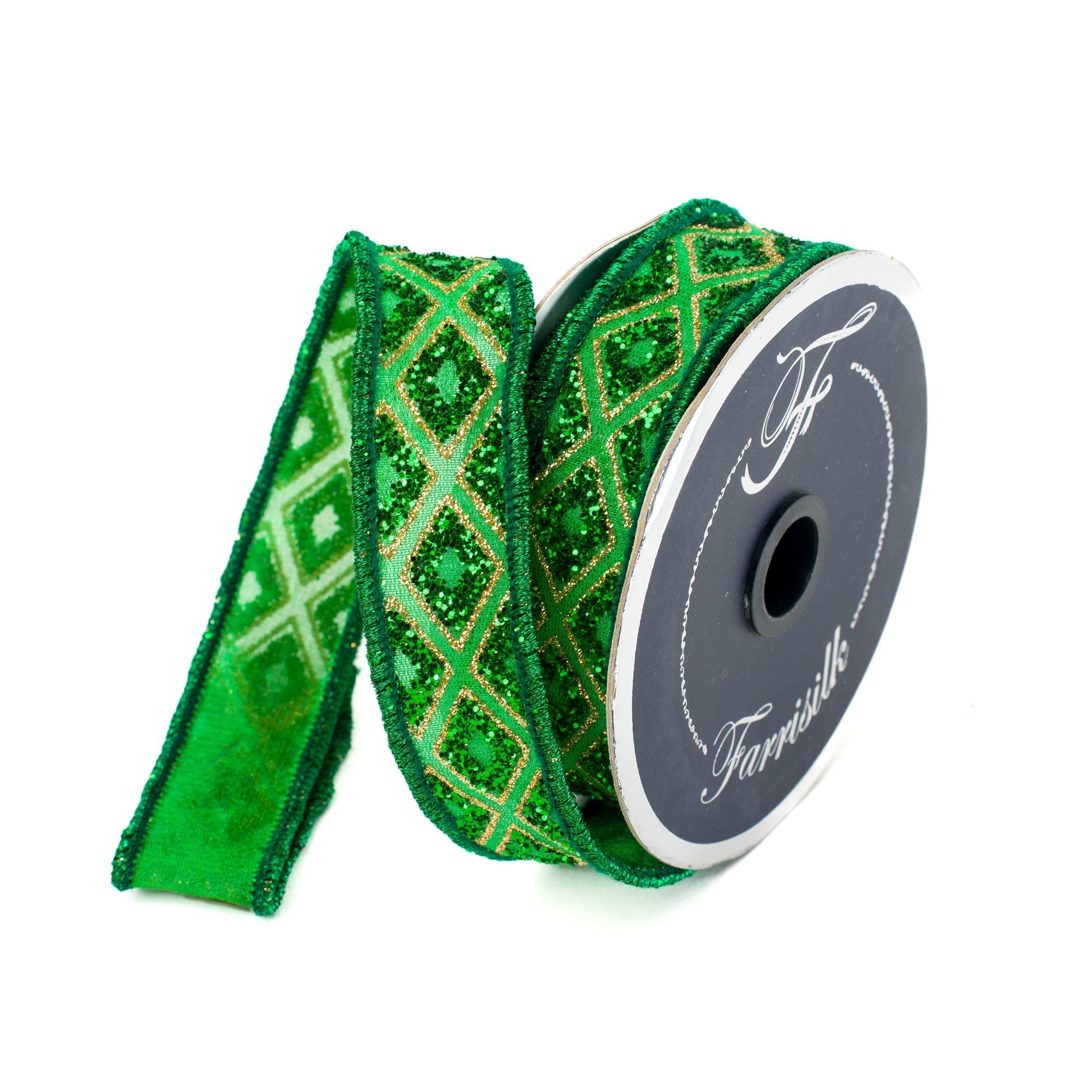 Emerald green marquise diamond trim ribbon with a scalloped edge pattern.