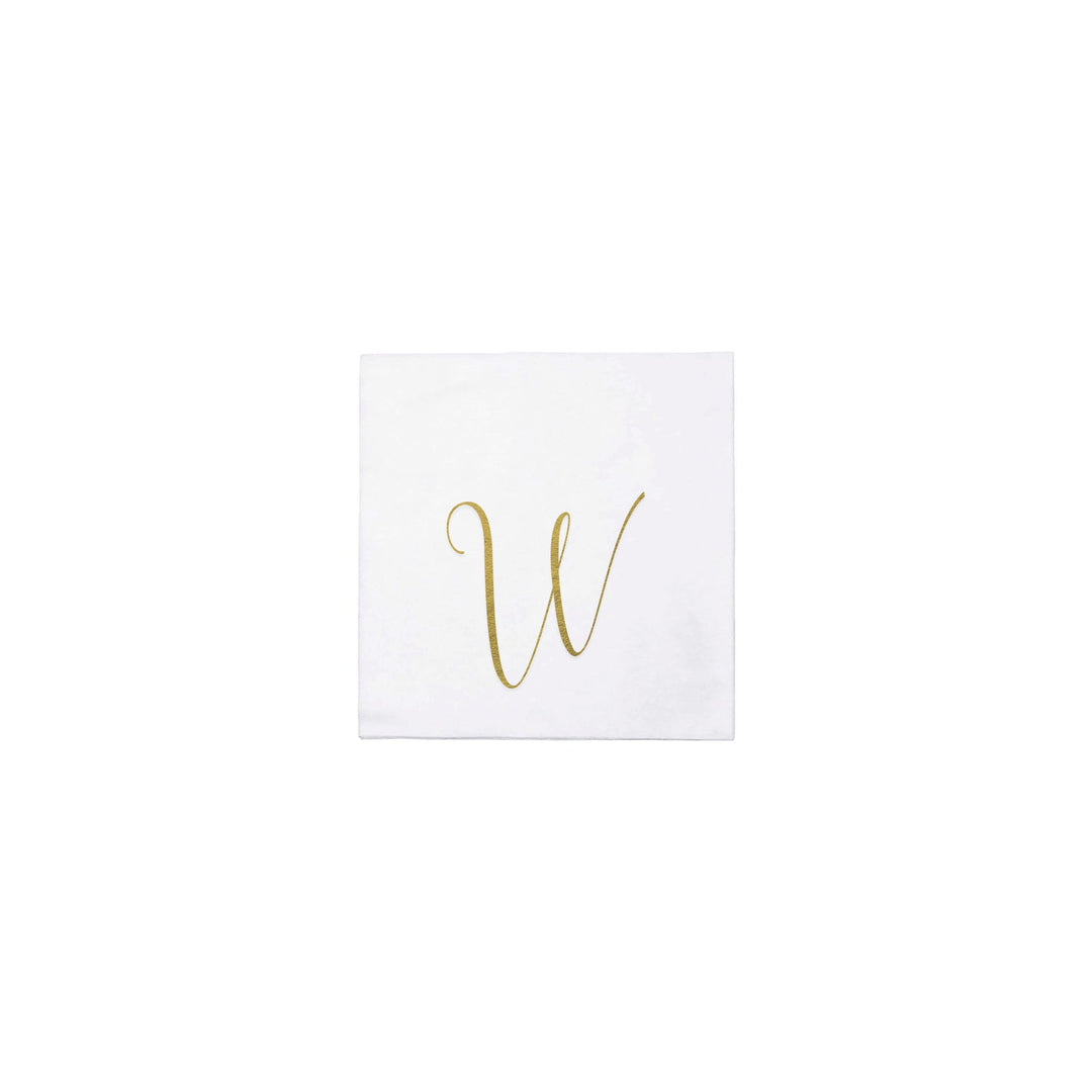 White Papersoft cocktail napkin with a gold cursive monogram letter W in the center.
