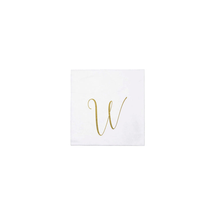 White Papersoft cocktail napkin with a gold cursive monogram letter W in the center.