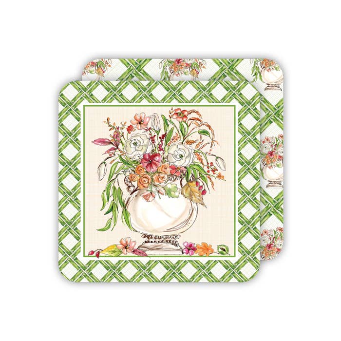 Square handpainted coaster featuring a fall floral arrangement with warm autumn colors.