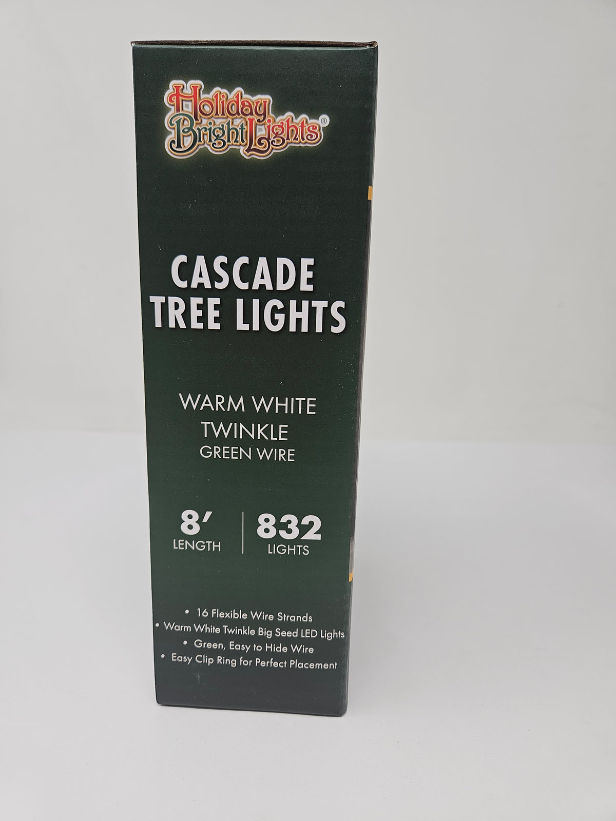Green wire string lights with warm white LEDs cascading from a top ring