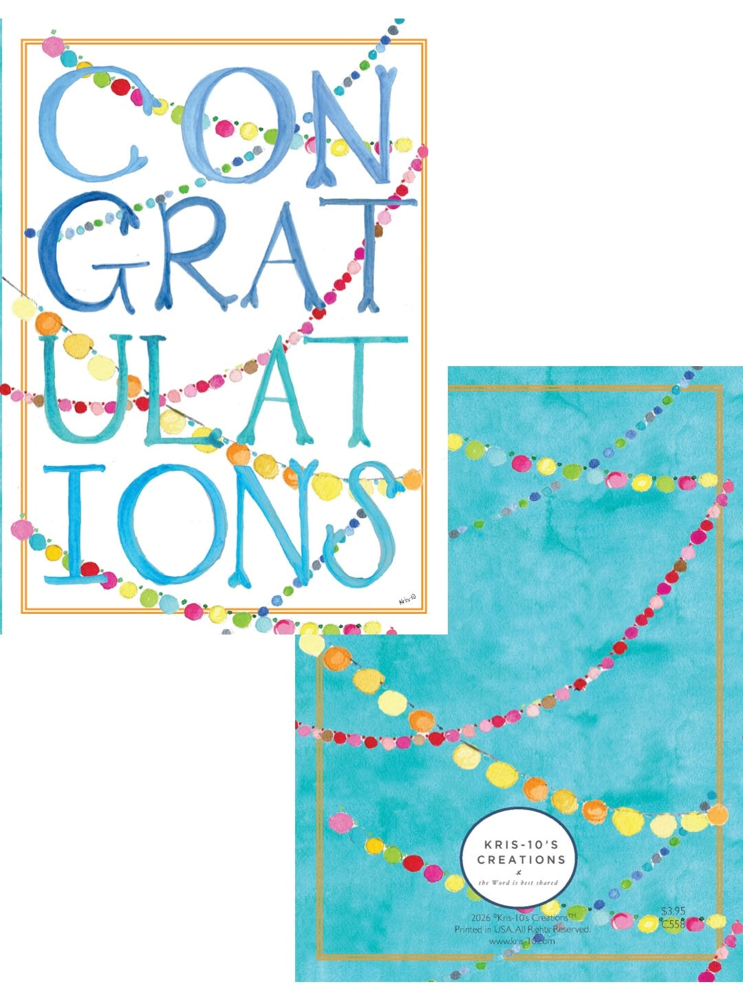 Hand-illustrated Bright Congratulations card with colorful garlands and blue lettering.
