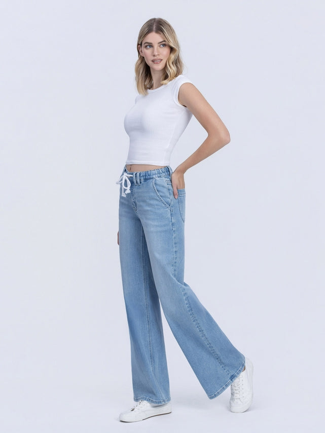 Front view of Maggie high-rise wide-leg jeans in dark wash denim with an elastic waistband and drawstring.