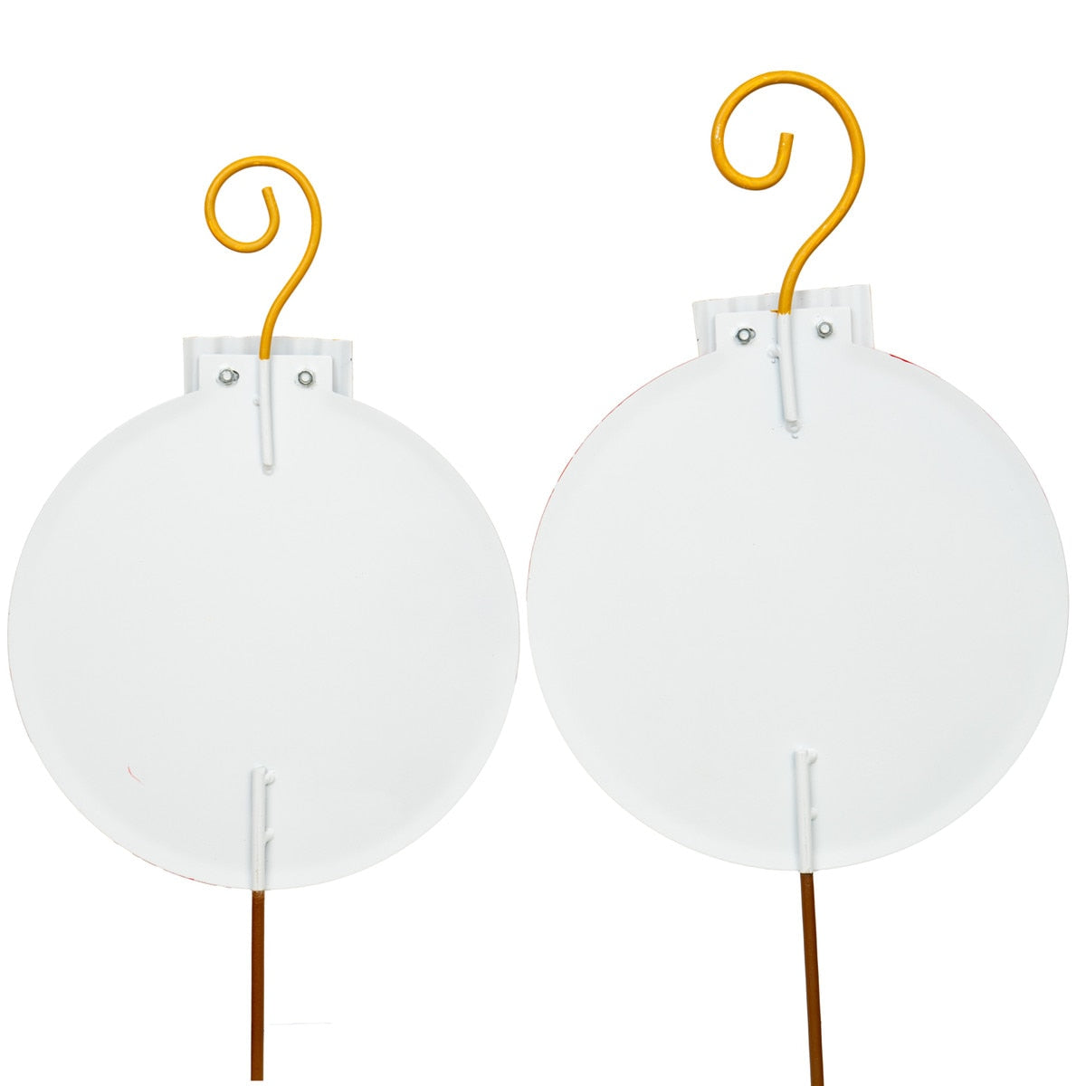 Two white round ornaments with yellow hangers and brown stakes, designed for garden display.