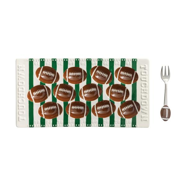Football Field Deviled Egg Tray Set with a ceramic field-themed platter and a football-themed fork.