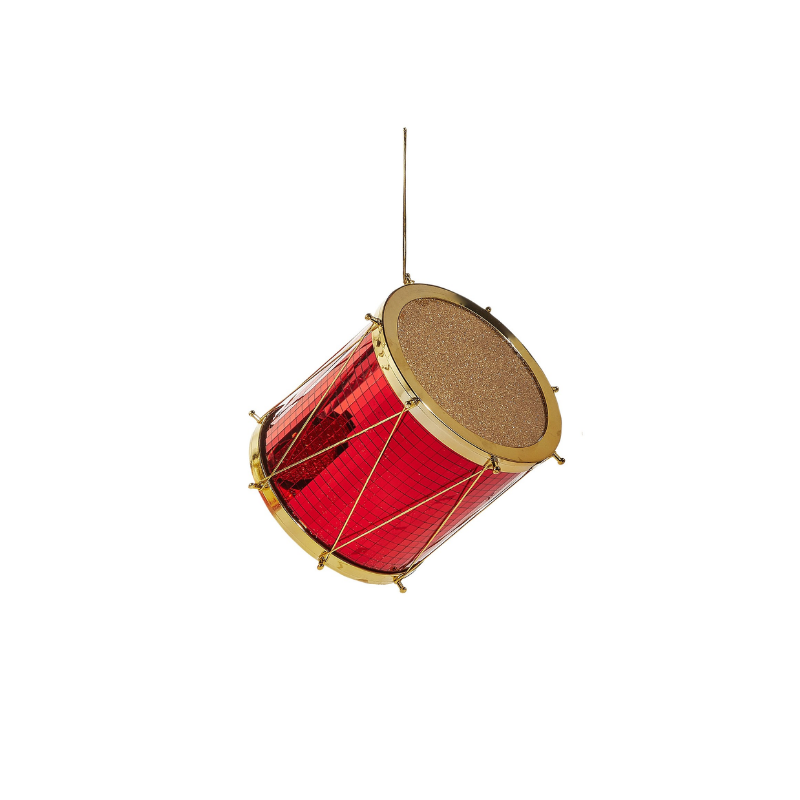 Red and gold drum Christmas ornament with a glittery top and hanging string.