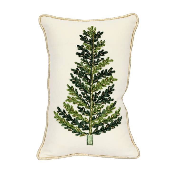White rectangular pillow with a chenille embroidered green Christmas tree and gold piping.