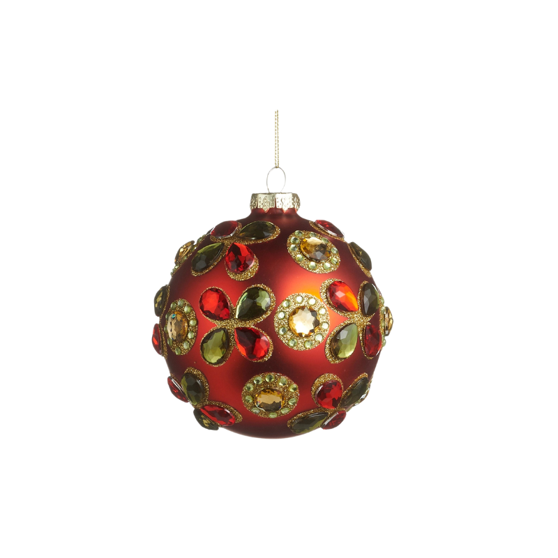 5-inch red glass Christmas ball ornament decorated with colorful sparkling jewel accents.