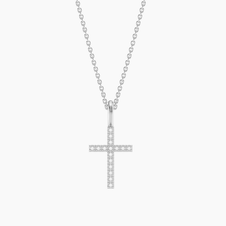 Silver Believe Cross Pendant Necklace featuring a diamond-studded cross on a delicate chain.