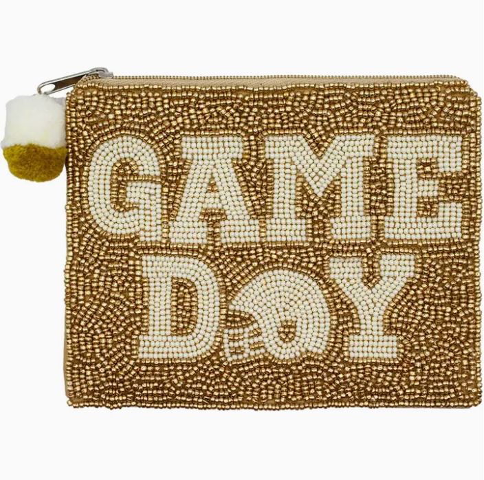Gold beaded coin pouch with white 'GAME DAY' text and a football helmet icon.