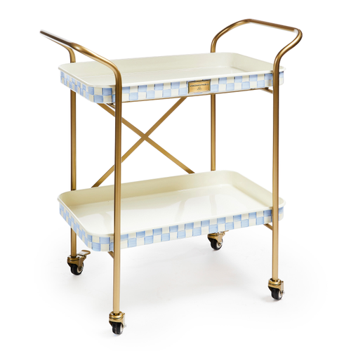 Two-tier kitchen cart with steel frame featuring hand-painted Sky Check pattern on trays.