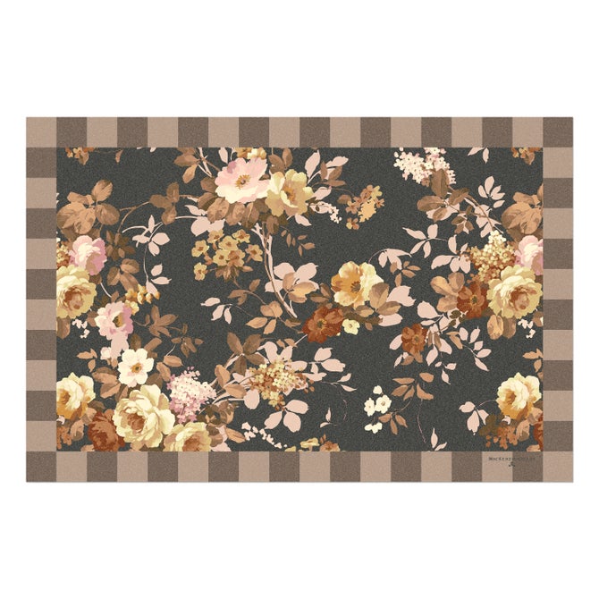 A rectangular cafe floral floor mat measuring two by three feet with a light background.