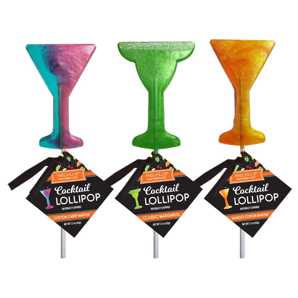 Mini Cocktails hard candy lollipop with a colorful fruit-flavored swirl pattern on white stick.