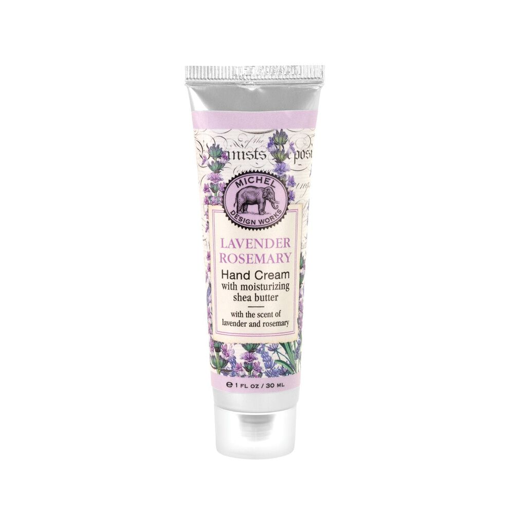 Mini tube hand cream with honey almond scent in beige packaging.