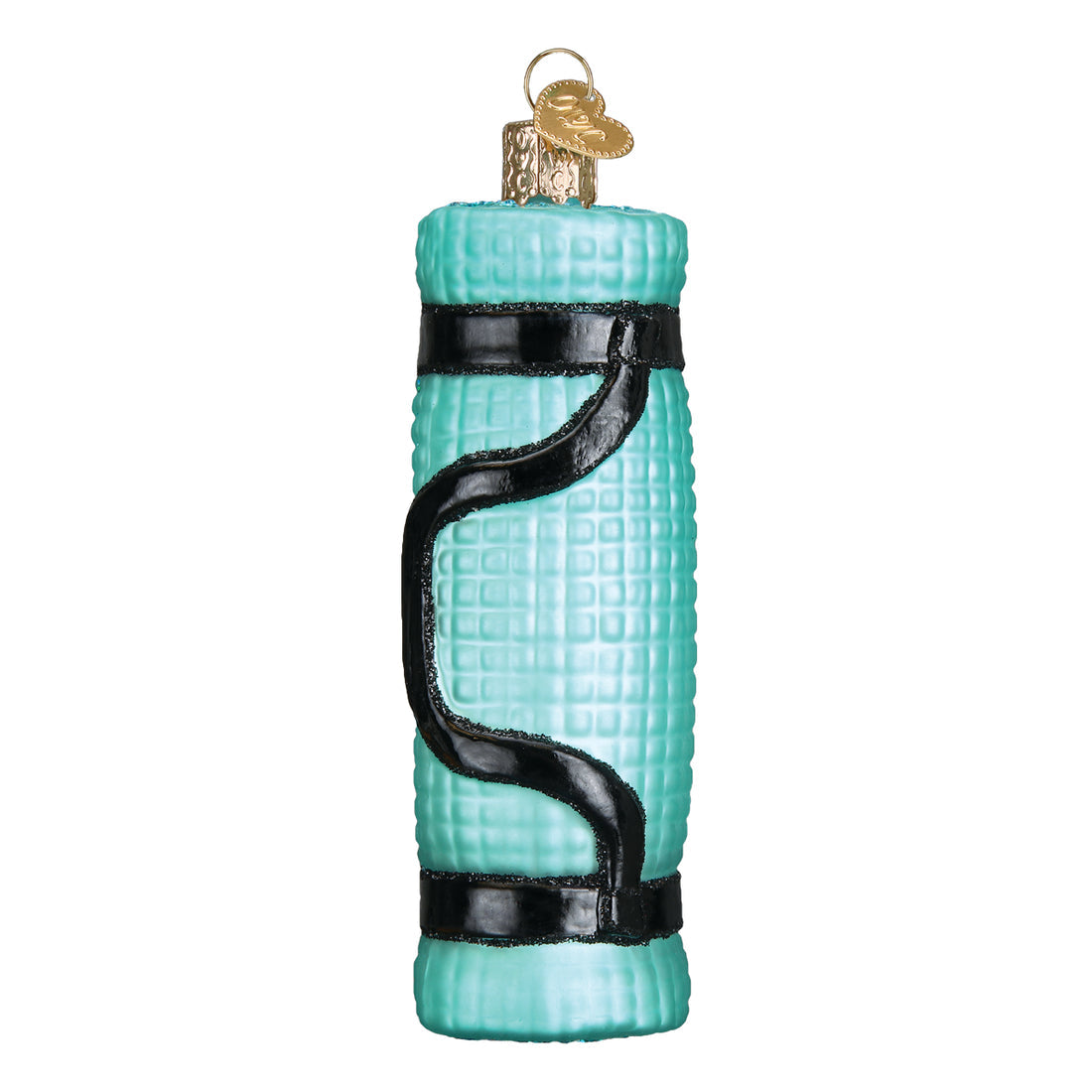 Glass yoga mat ornament in light blue with a textured surface and black carrying strap.