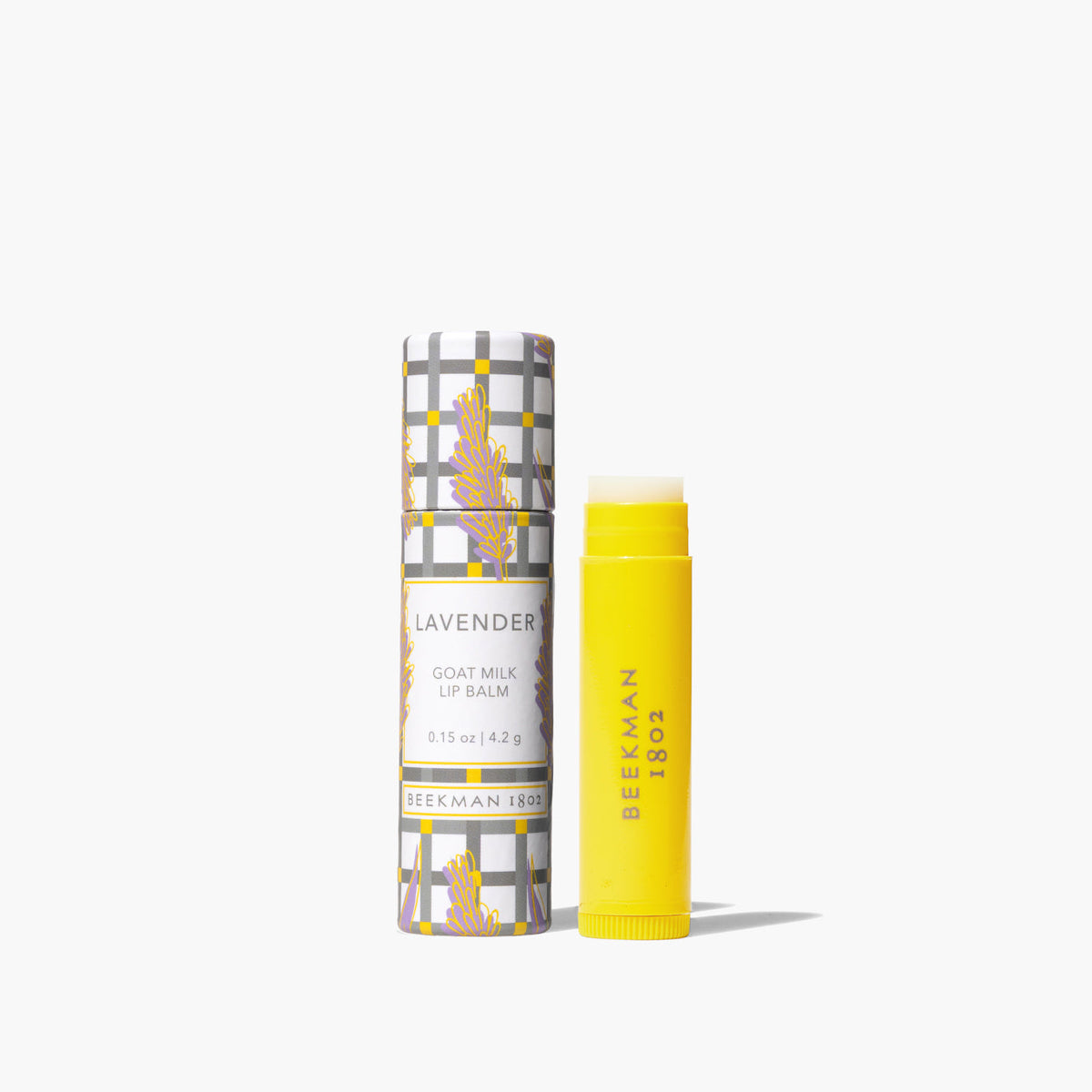 Beekman Lip Balm in clear tube with gingham pattern packaging