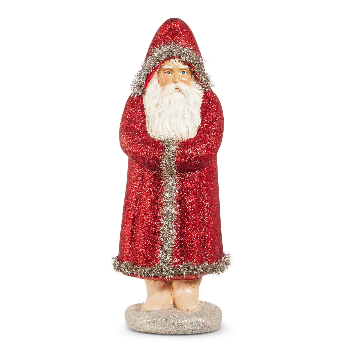 15-inch red glittered Belsnickel Santa figurine with silver tinsel trim and a white beard.