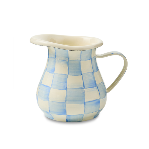 Hand-glazed steel creamer with hand-painted Sky Blue Checks pattern.