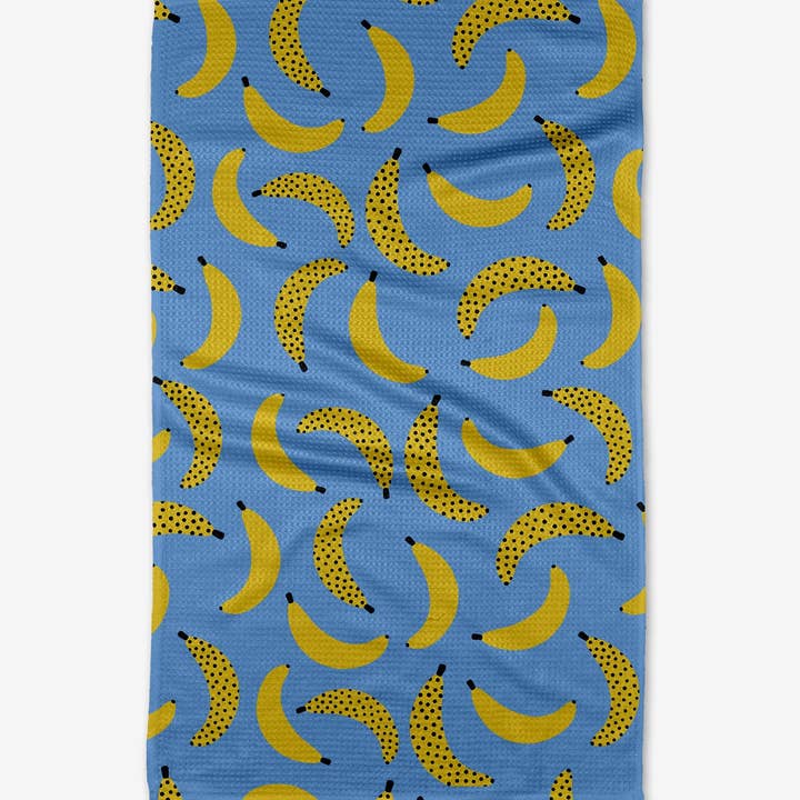 Recycled polyester kitchen tea towel with waffle weave construction and single-sided print.
