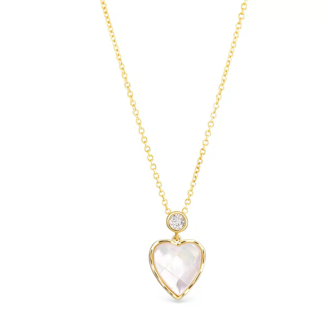 Gold necklace with a CZ bezel and a heart-shaped mother of pearl mosaic pendant.