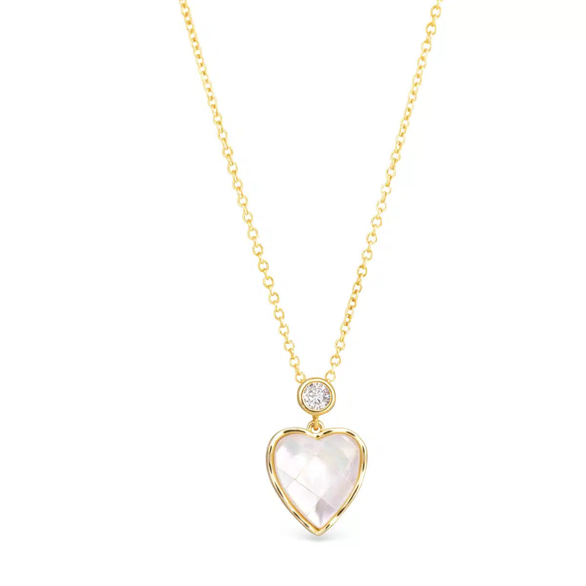 Gold necklace with a CZ bezel and a heart-shaped mother of pearl mosaic pendant.