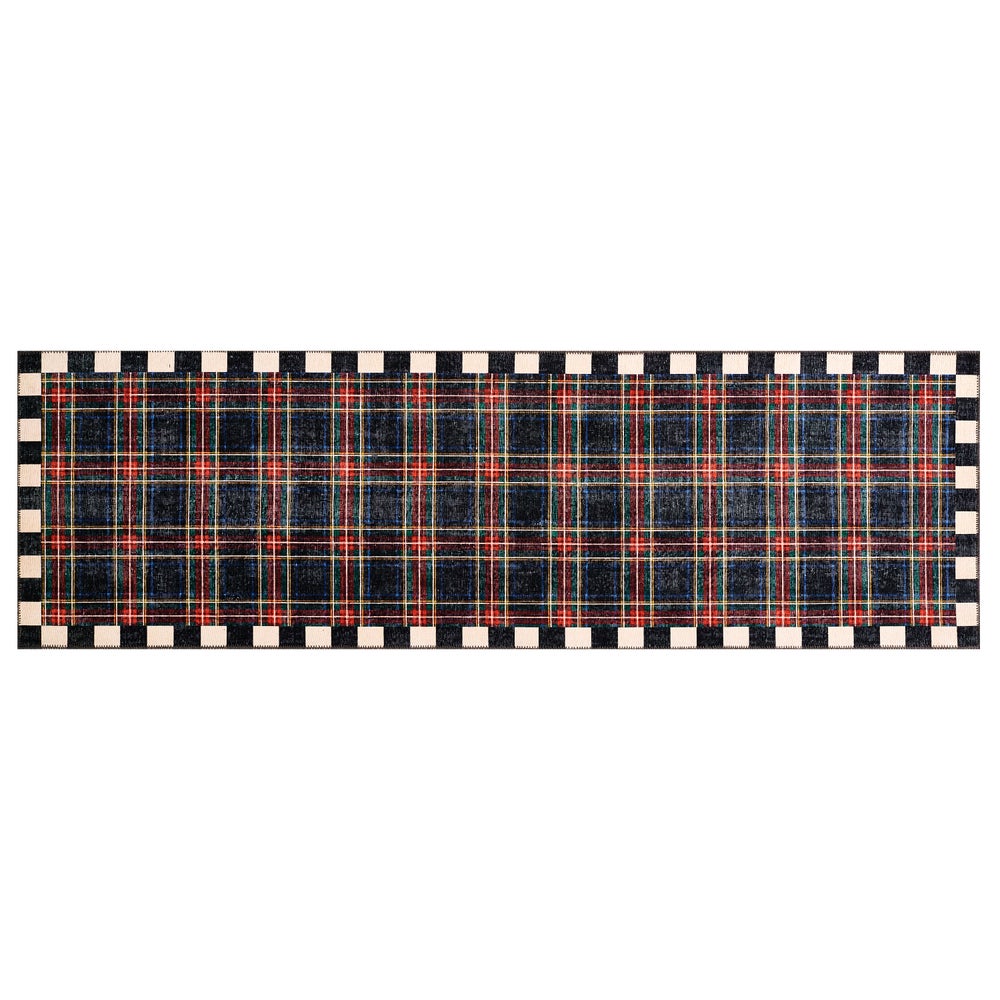 Black Stewart tartan washable runner rug with polyester pile