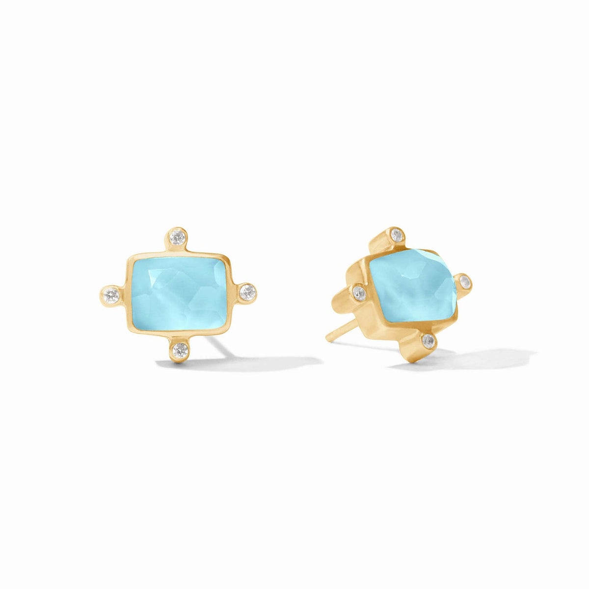 Clara Stud Gold earrings featuring a mother-of-pearl center with cubic zirconia accents on gold-plated posts.