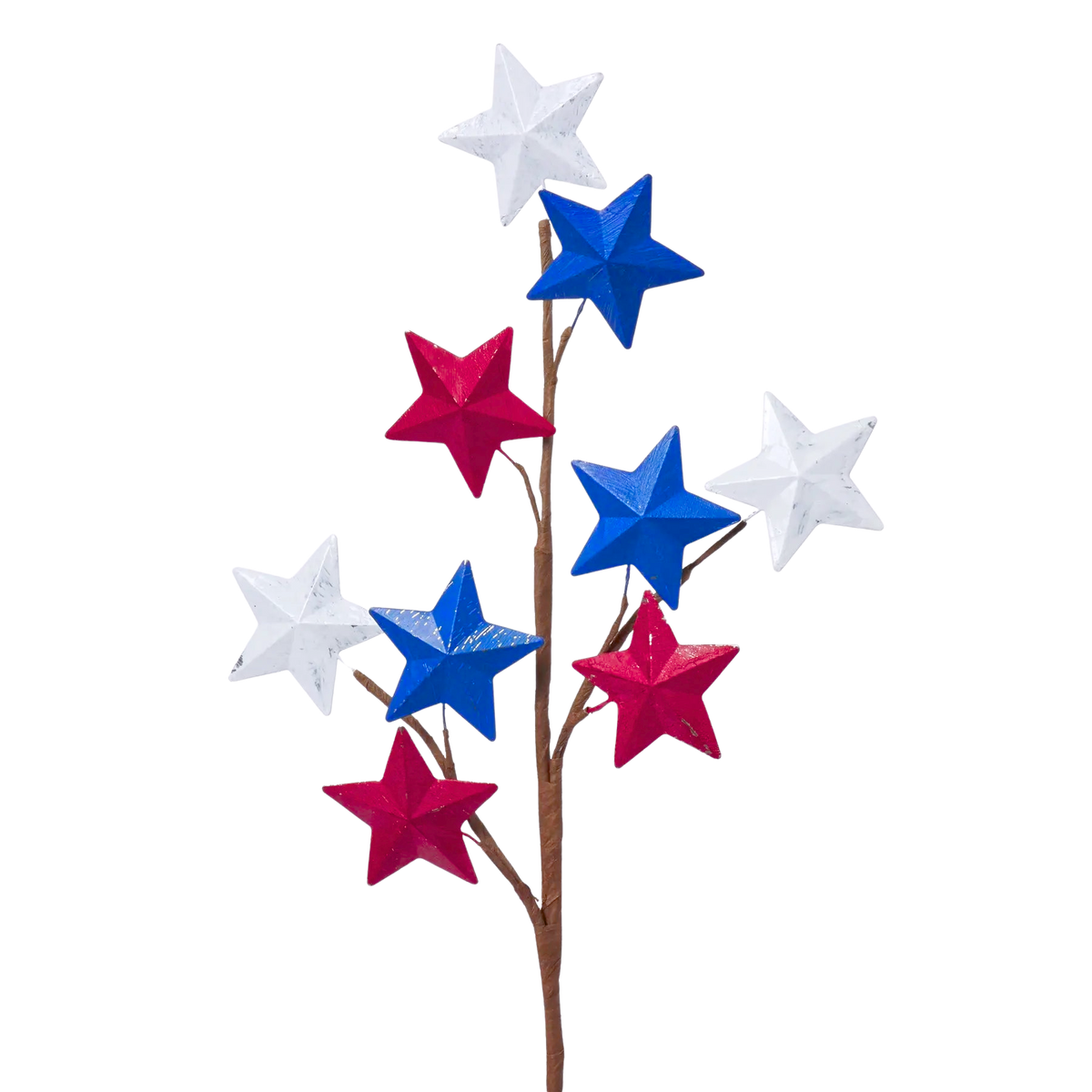 28-inch decorative spray featuring red, white, and blue antique metal stars on a brown branch.
