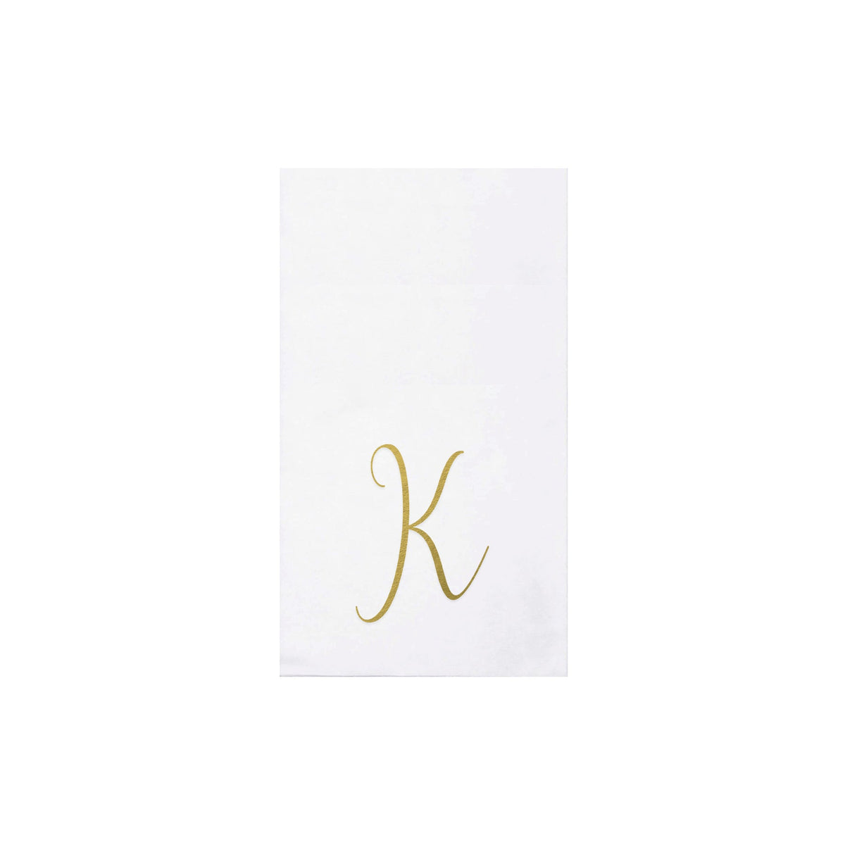 White Papersoft guest towel napkin with a gold script monogram letter K.